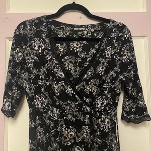 FLORAL & SKULL JERSEY V NECK DRESS